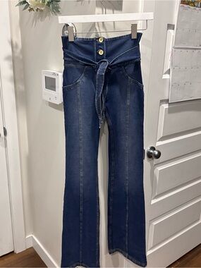 Freddy High-Waisted Dark Blue Tie-Belt Flare Jeans - Women